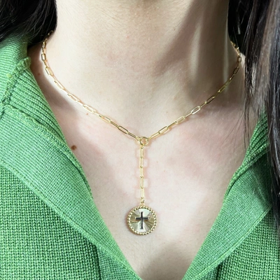 Shop The Lovery Gold Cross Medallion Lariat Paperclip Necklace