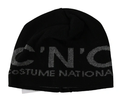 Costume National Beanie Black Wool Blend Branded Hat In Black
