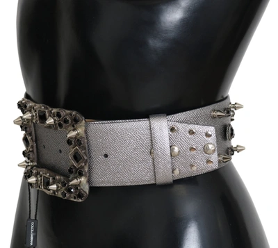 Shop Dolce & Gabbana Leather Crystal Stud Logo Buckle Women's Belt In Silver