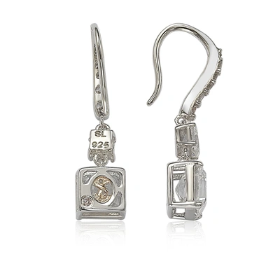 Suzy Levian Sterling Silver Cubic Zirconia Asscher-cut Petite Dangle Earrings In White