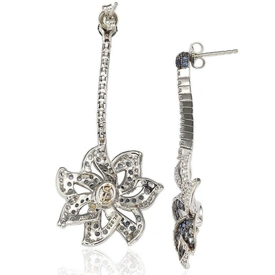 Suzy Levian Sapphire And Diamond Accent In Sterling Silver Earrings In Blue