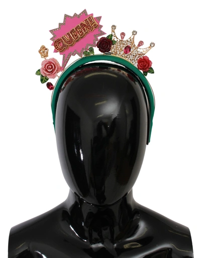Shop Dolce & Gabbana Crystal Crown Queen Roses Cartoons Diadem Women's Headband In Green