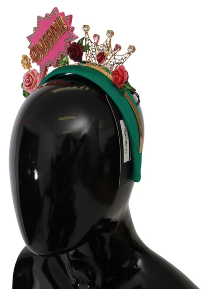 Shop Dolce & Gabbana Crystal Crown Queen Roses Cartoons Diadem Women's Headband In Green