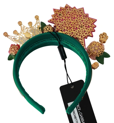 Shop Dolce & Gabbana Crystal Crown Queen Roses Cartoons Diadem Women's Headband In Green