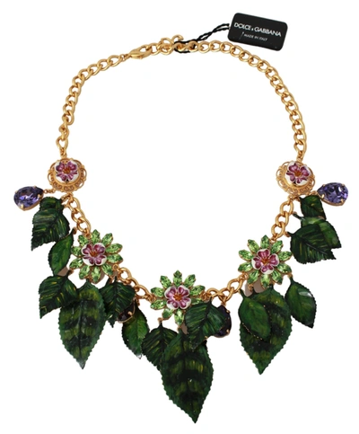 Shop Dolce & Gabbana Floral Crystal Charm  Brass Statement Women's Necklace In Black