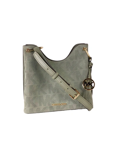 Shop Michael Kors Joan Large Perforated Suede Leather Slouchy Messenger Handbag In Green