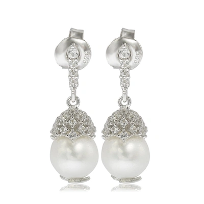Suzy Levian Sterling Silver Pearl & White Sapphire Crown Earrings In White