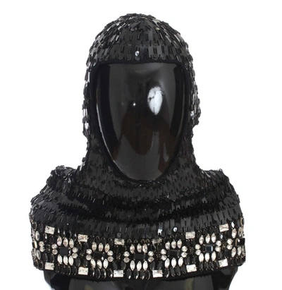 Shop Dolce & Gabbana Knitted Wool Crystal Beaded Hood Scarf Men's Hat In Black