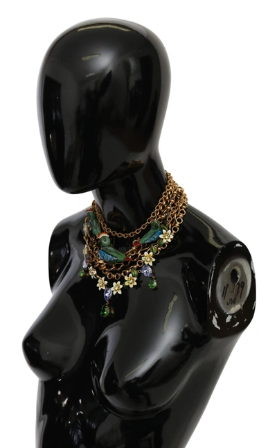 Shop Dolce & Gabbana Parrot Crystal Floral Charm Statement Women's Necklace In Black