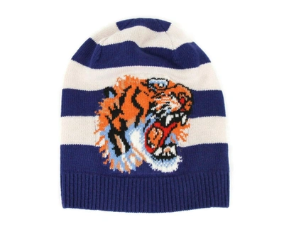 Shop Gucci Men's Striped Wool Knit Beanie Hat With Tiger Head M / 58 In Blue