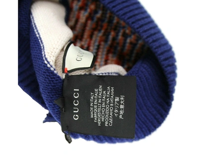 Shop Gucci Men's Striped Wool Knit Beanie Hat With Tiger Head M / 58 In Blue