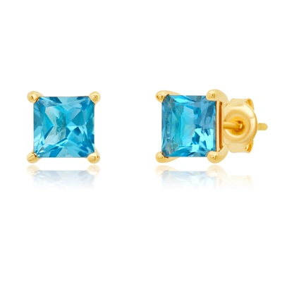 Shop Paige Novick 14k Yellow Gold 6mm Princess Cut Gemstone Stud Earrings In Blue