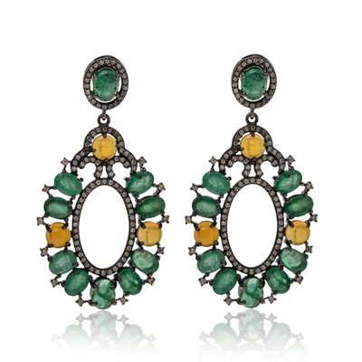 Shop Bavna Sterling Silver, Emerald 23.90ct. Tw. And Diamond 2.26ct. Tw. Drop Earrings In Green