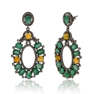 Shop Bavna Sterling Silver, Emerald 23.90ct. Tw. And Diamond 2.26ct. Tw. Drop Earrings In Green