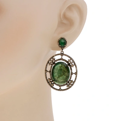 Shop Bavna Sterling Silver, Emerald 35.22ct. Tw. And Diamond 4.90ct. Tw. Drop Earrings In Green