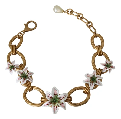 Shop Dolce & Gabbana Floral Lilium Pendant Chain Brass Ivory Women's Necklace In Black
