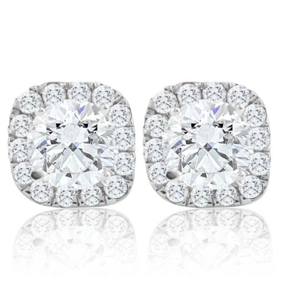 Pompeii3 2 1/4ct Cushion Halo Diamond Screw Back Studs 14k White Gold Enhanced Earrings In Silver