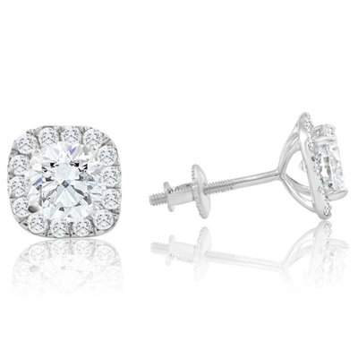 Pompeii3 2 1/4ct Cushion Halo Diamond Screw Back Studs 14k White Gold Enhanced Earrings In Silver
