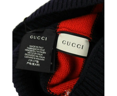 Shop Gucci Men's Striped Wool Knit Beanie Hat With Large Bee M / 58 In Blue