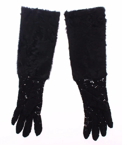 Shop Dolce & Gabbana Lace Wool Lambskin Fur Elbow Women's Gloves In Black