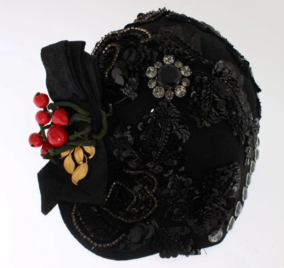Shop Dolce & Gabbana Crystal  Cherries Brooch Women's Hat In Black