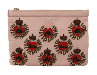 Shop Dolce & Gabbana Clutch D&amp;g Logo Devotion Heart Nylon Pouch Women's Wallet In Pink