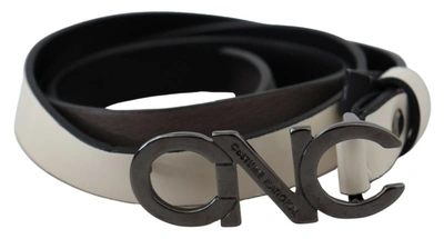 Costume National White Black Leather Letter Logo Buckle Belt In Black