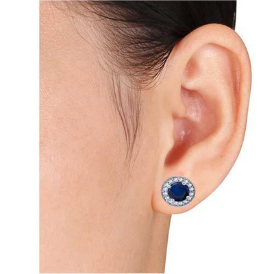 Pompeii3 5/8ct Halo Diamond Blue Sapphire Studs 14k White Gold In Blue