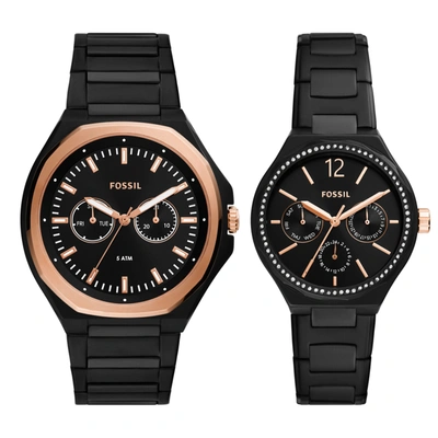 Shop Fossil Men's Evanston Multifunction, Black-tone Stainless Steel Watch Set