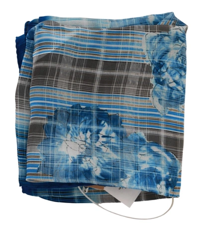 Shop John Galliano Stripe Floral Printed Bandana Cotton Square Men's Scarf In Blue
