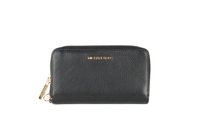 Shop Michael Kors Jet Set Large Leather Multifunction Phone Wristlet Women's Wallet In Black