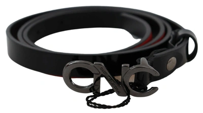 Costume National Black Skinny Leather Logo Buckle Belt In Black