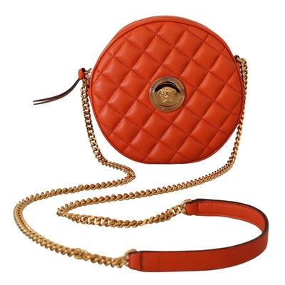 Shop Versace Nappa Leather Medusa Round Crossbody Women's Bag In Orange
