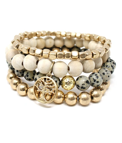 Shop A Blonde And Her Bag Tree Of Life Charm And Dalmatian Jasper Stretch Bracelet With Gold - Set Of 4 In Silver