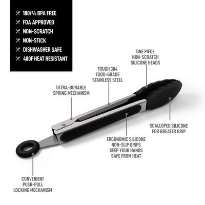 Zulay Kitchen Premium Set Of Stainless Steel Tongs For Cooking, Grilling And Barbecue In Black