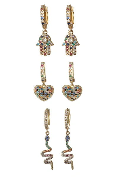 Eye Candy La Hamsa, Heart And Snake Earring Set In Multi