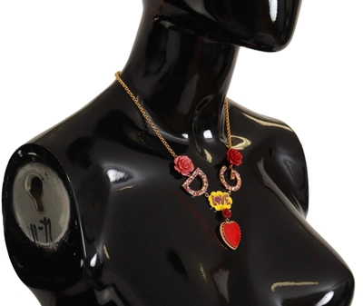Shop Dolce & Gabbana Rose Love Crystal Charm Chain Women's Necklace In Red