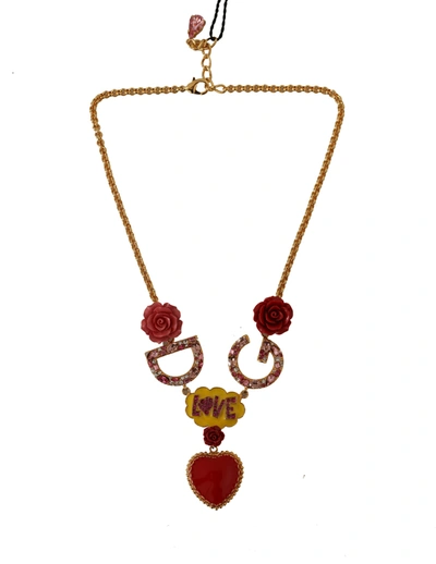 Shop Dolce & Gabbana Rose Love Crystal Charm Chain Women's Necklace In Red