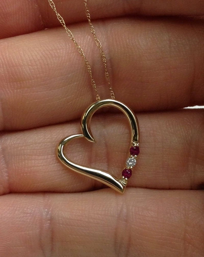 Pompeii3 Diamond & Ruby Heart Pendant 3-stone 10k Yellow Gold With 18" Chain In Red
