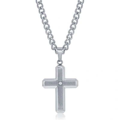 Shop Blackjack Stainess Steel Brushed & Polished W/ Single Cz Cross Necklace In Silver
