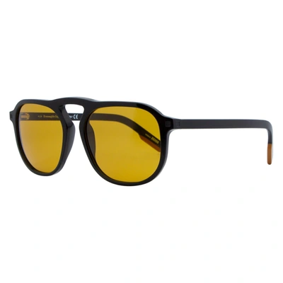 Shop Ermenegildo Zegna Rectangular Sunglasses Ez0115 01e Shiny Black 55mm 0115 In Yellow