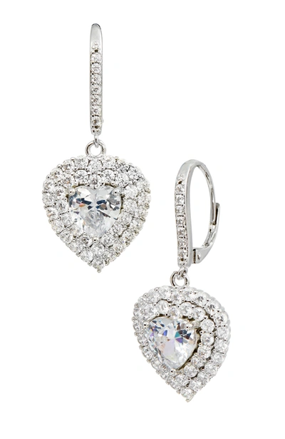Savvy Cie Jewels Rhod. Plated White Cz Dangle Heart Earrings In Silver