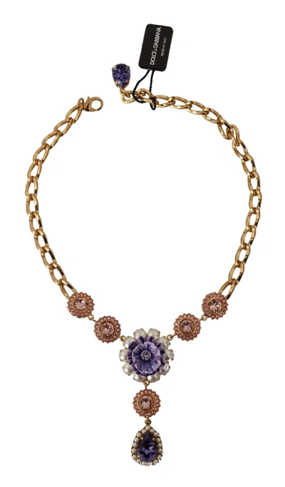 Shop Dolce & Gabbana Brass Crystal  Pink Ivory Pendants Women's Necklace In Black