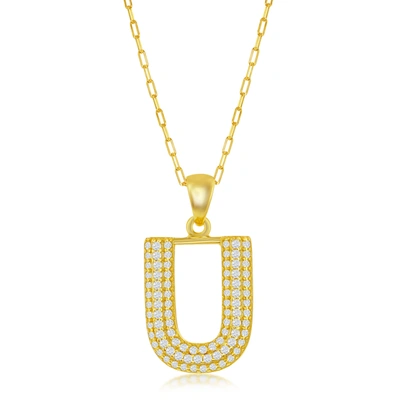 Simona Sterilng Silver Micro Pave Cz 'j' Block Initial W/ Paperclip Chain - Gold Plated In Yellow