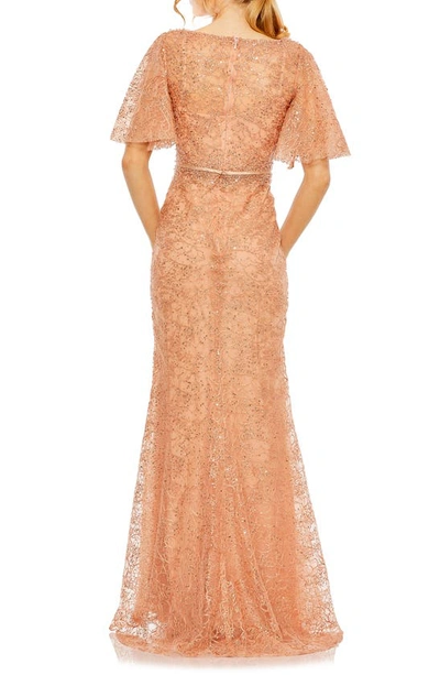Shop Mac Duggal Beaded Embroidered Flutter Sleeve Trumpet Gown In Cinnamon