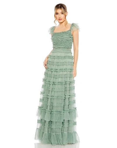Shop Mac Duggal Ruffle Cap Sleeve Embellished Tiered Gown In Jade