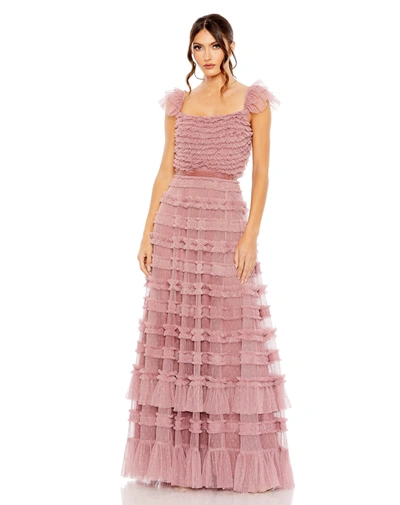 Shop Mac Duggal Ruffle Cap Sleeve Embellished Tiered Gown In Antique Rose