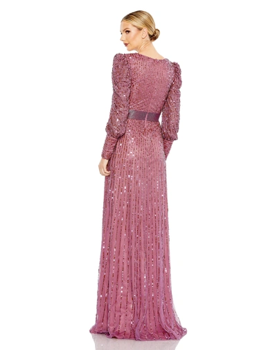 Shop Mac Duggal Sequined Wrap Over Bishop Sleeve Gown In Mauve
