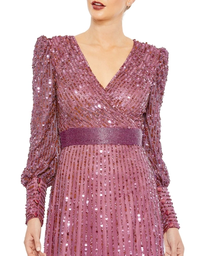 Shop Mac Duggal Sequined Wrap Over Bishop Sleeve Gown In Mauve
