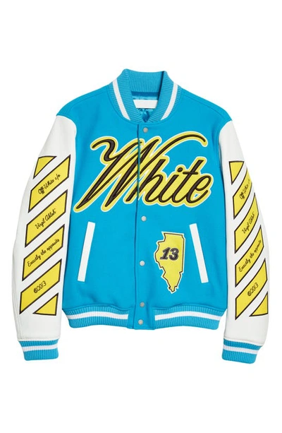 Shop Off-white Leather & Virgin Wool Blend Varsity Jacket In Turquoise Yellow